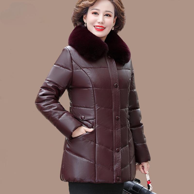 Women's PU Leather Cotton Jacket Thick Warm Windproof Leather Jacket Loose Padded Jacket with Fur Collar