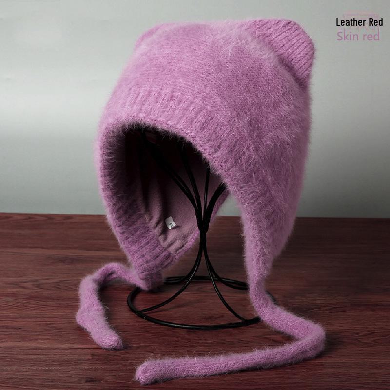 Bonnet d'hiver en velours avec oreilles de chat duveteuses pour femmes - Chaud, Tricoté, Style Lei Feng d'extérieur