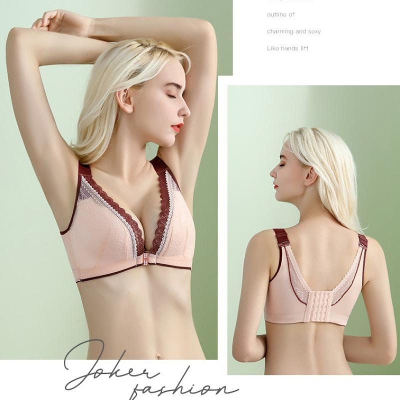 Sexy Lace-trimmed Front and Back Buckle Bra with Breathable Cups Plus Size Side Breasts Beautiful Back and Push-up No-rim Bra