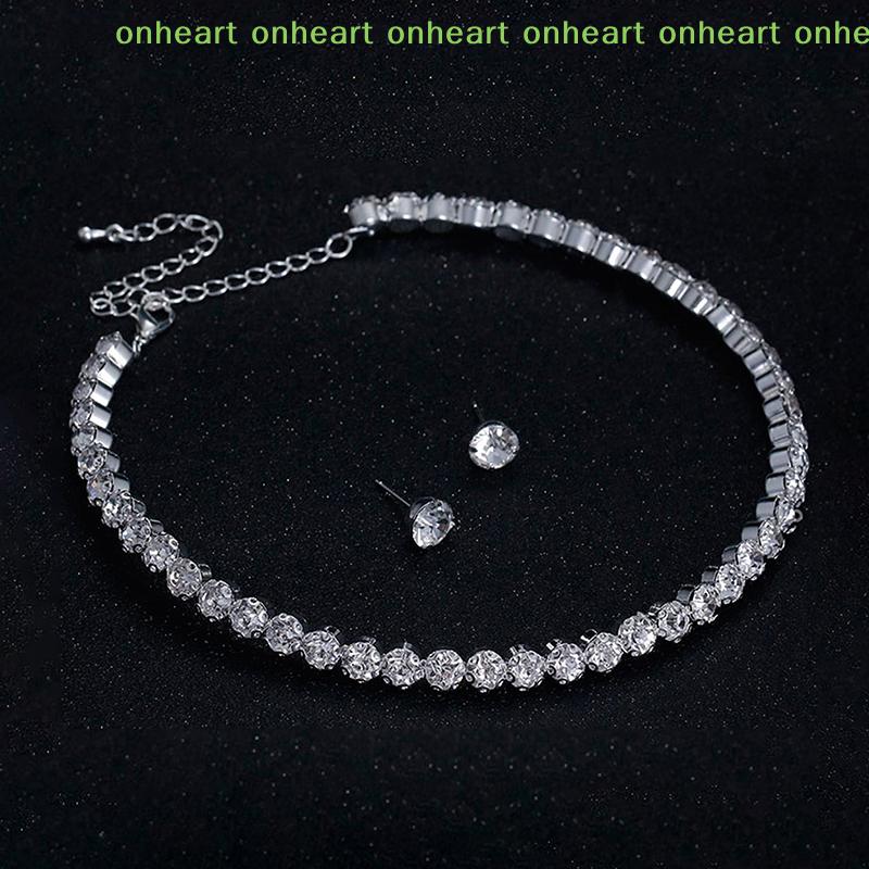 [C]4Pcs/set Women Crystal Jewelry Set For Women Charm Necklace Bracelet Stud Earring White Zircon Chain Necklace