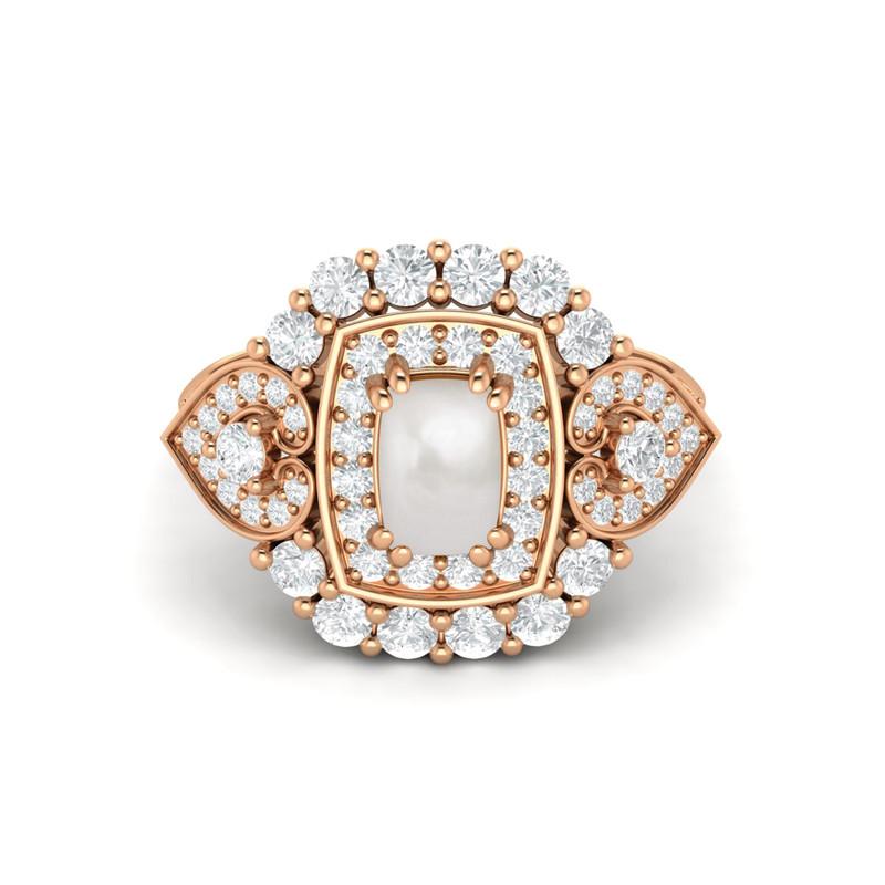 6X4MM Cushion Pearl Gemstone 925 Sterling Silver Rose Plated Solitaire Halo Women Engagement Ring