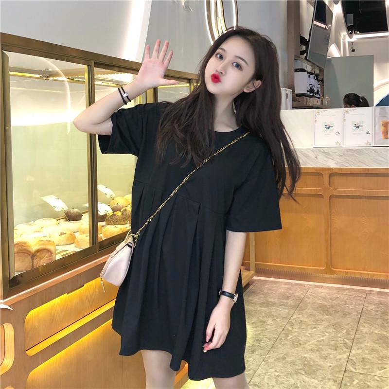 Maternity Summer Babydoll Dress - Short Sleeve, Mid-Length, Korean Style, Loose Fit, Plus Size, Round Neck Skirt