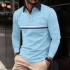 Autumn men's casual solid color POLO shirt with lapel button and men's long sleeved striped POLO shirt