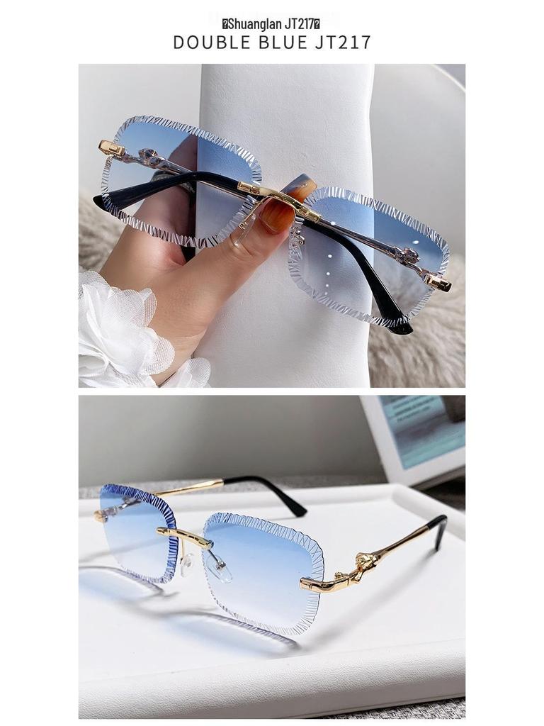 European & American Square Frameless Sunglasses: Men's Sawtooth & Women's Leopard Head Metal Fashion