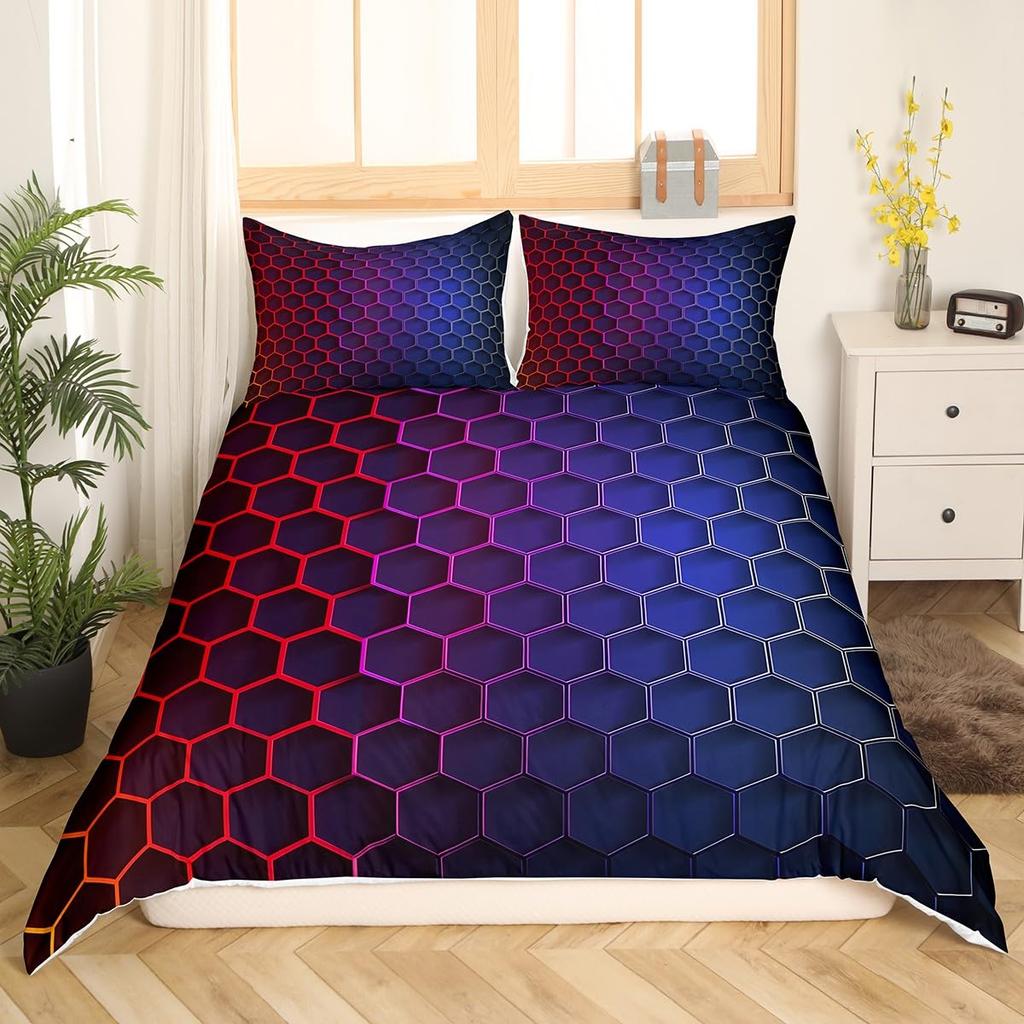 Geometry Hexagon Duvet Cover Navy Blue Comforter Cover Watercolor Honeycomb Abstract Tie Dye Bedding Set Microfiber Quilt Cover