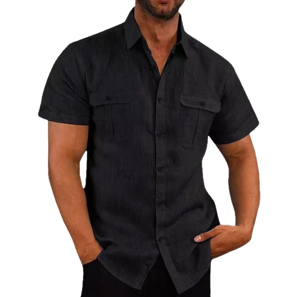 Men's Short-Sleeved Cotton-Linen Blend Shirt with Double Pockets Casual Holiday Shirt
