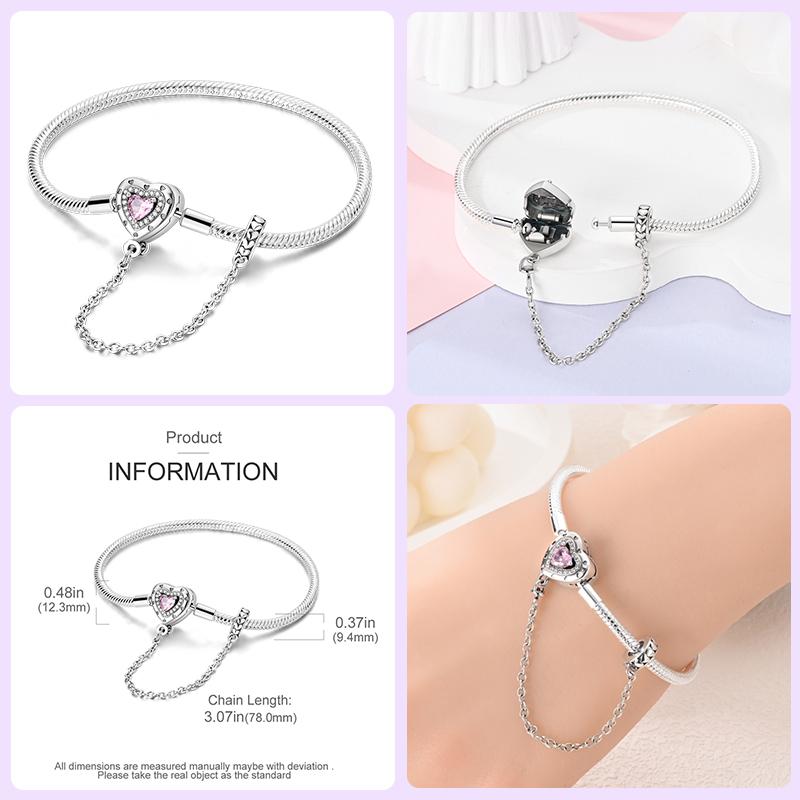 925 Silver Heart Shaped Series Love Forever Shining Zircon Bracelets Fit DIY Charm Beads Birthday Jewelry Gift