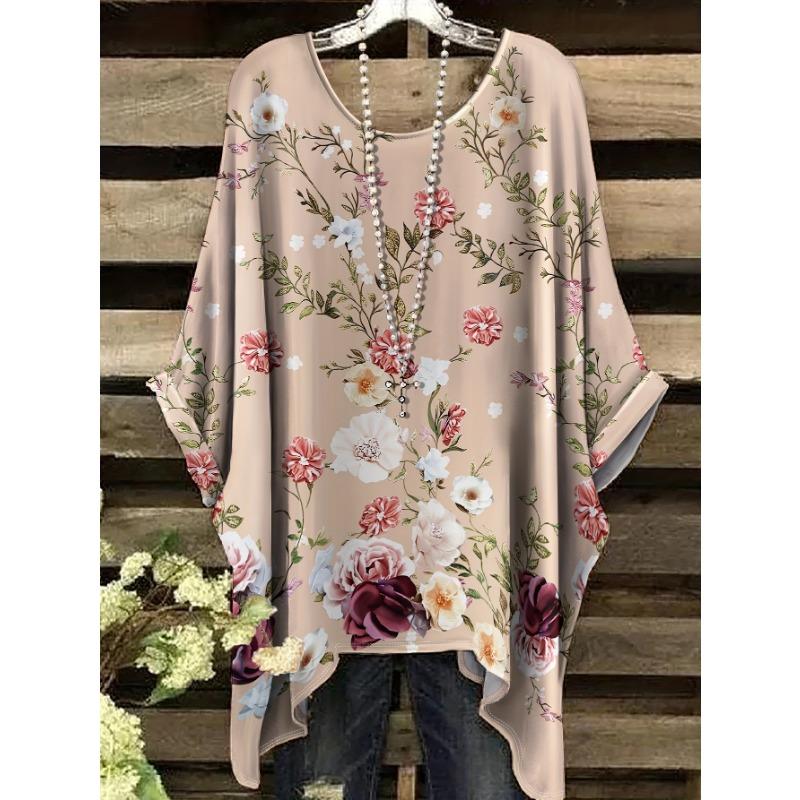 Summer Floral Pattern Printed Swallowtail Round Neck T-shirt, Casual and Comfortable Swallowtail Round Neck Short Sleeved Plus Size T-shirt 5XL