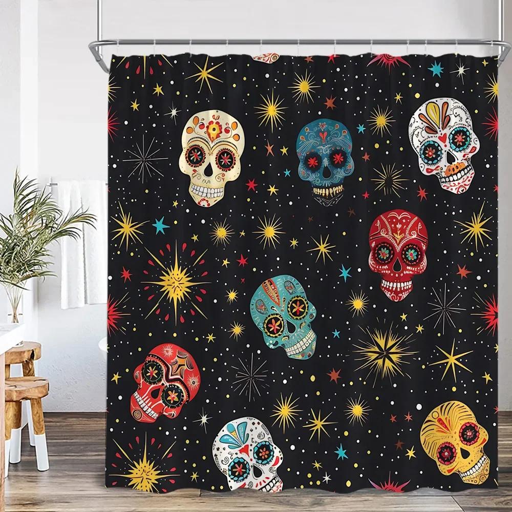 Funny Skull Bone Shower Curtain Halloween Flower Green Leaves Bathroom Decoration Vintage Skull Polyester Shower Curtain