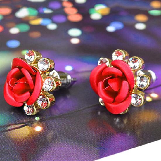 Women's Fashion Rose Flower Ear Studs Rhinestone Inlaid Earrings Jewelry Gift