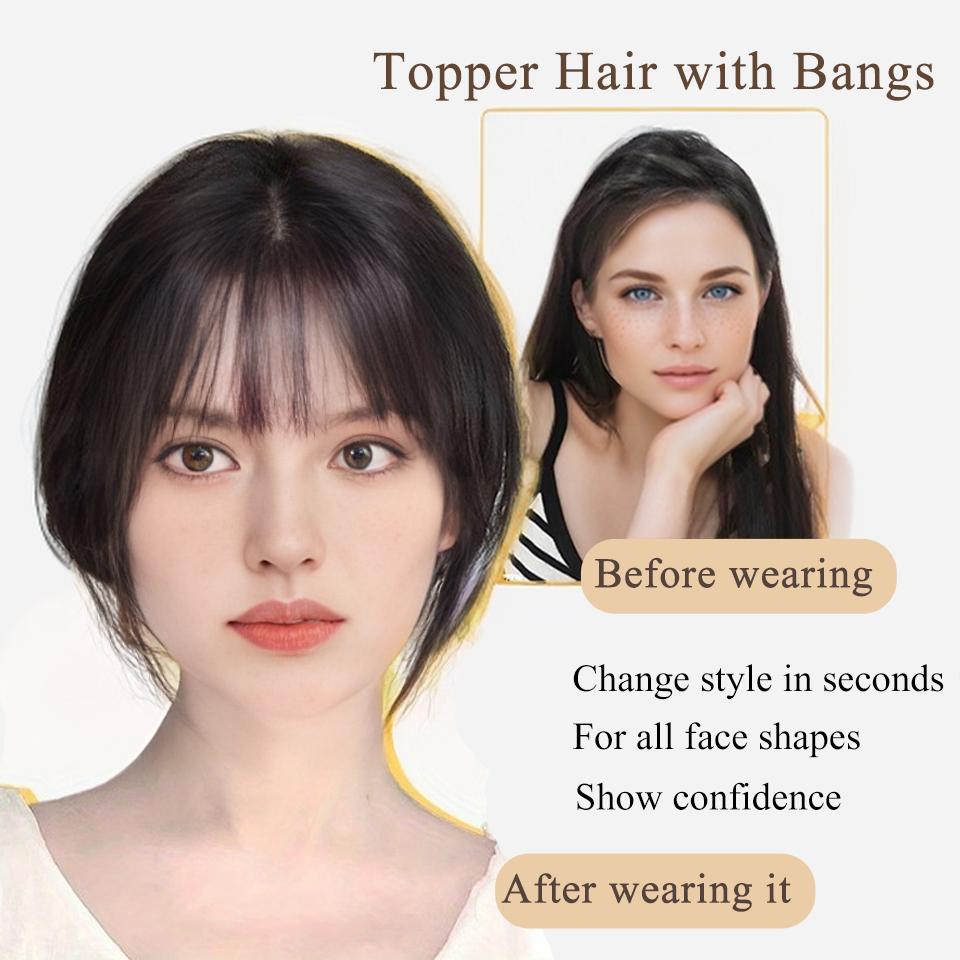 Synthetic 3-Clips Long Straight Topper Hairpiece Clip in Hair Extensions With Bang Natural Fluffy Invisible Head Top Hair Piece With Bangs