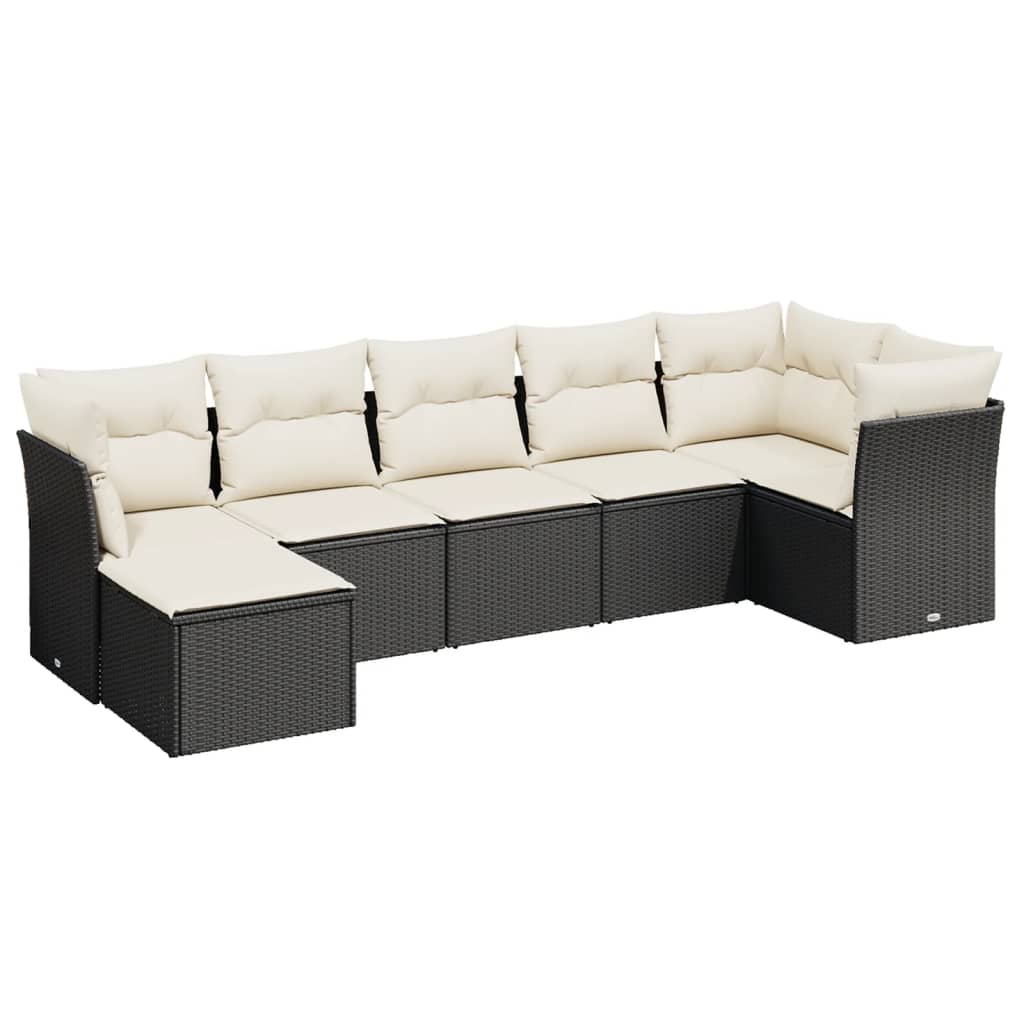 7 piece Garden Sofa Set with Cushions Black Poly Rattan