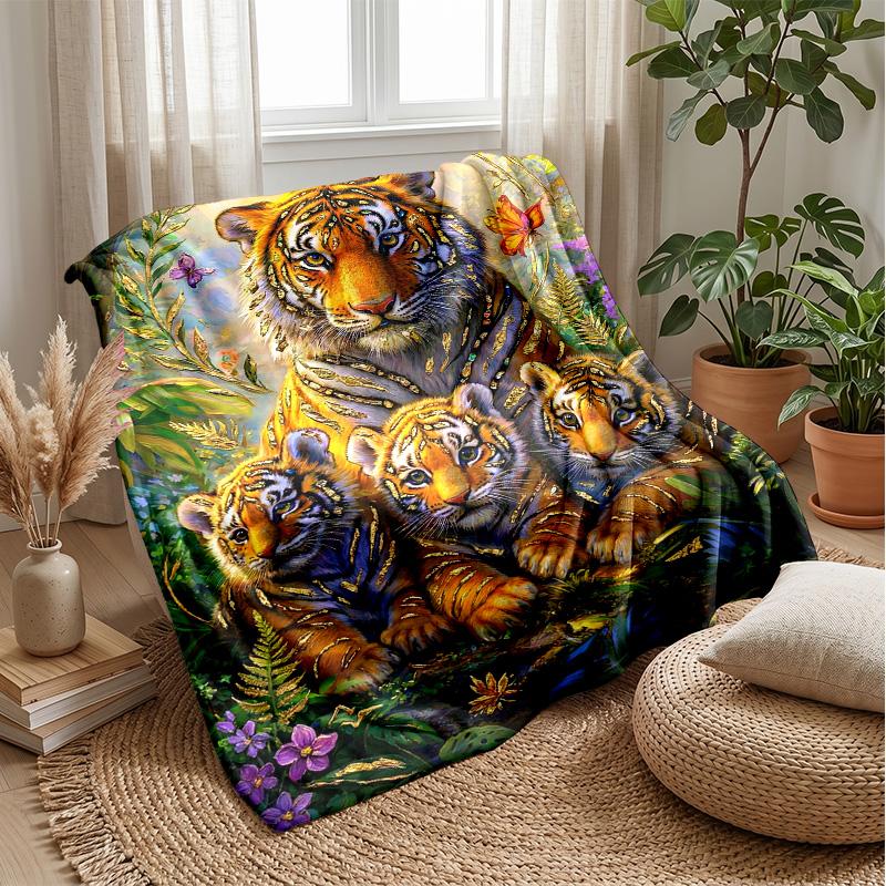 Tiger Family In Jungle 1 Theme Blanket Lightweight Warm Flannel Blanket Decorative Throw Blanket for Home Decoration
