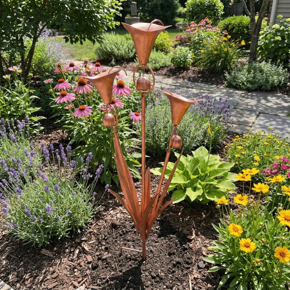 Weatherproof Metal Floral Garden Stake Handcrafted Retro Three Calla Lilies Sculpture with Bells Garden Sculpture Patio