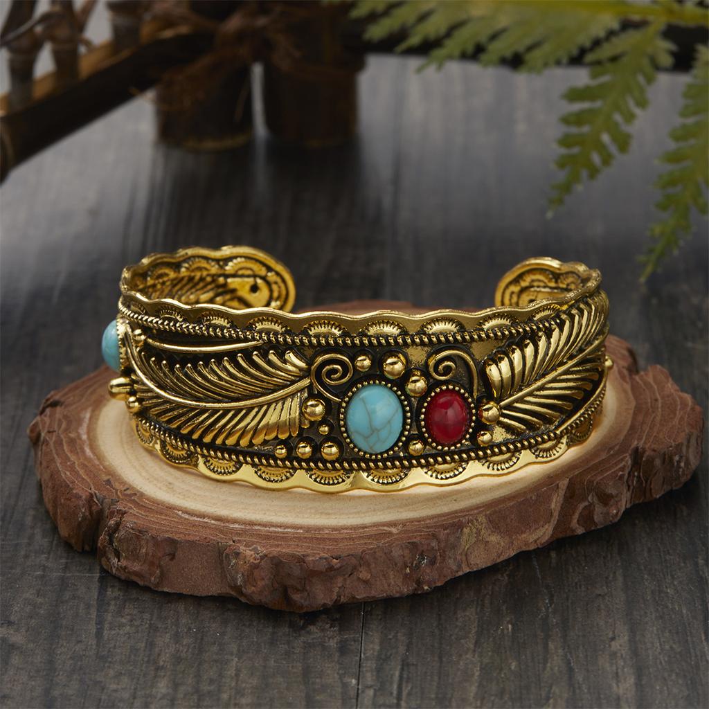 Vintage Antique Silver Color Leaf Red Blue Natural Stone Bracelets Bangles For Women Simple Ethnic Open Cuff Wristband Jewelry