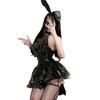 Domila's New Sexy Underwear Glossy PU Neck Strap Bat Little Devil Perspective Skirt Set F301