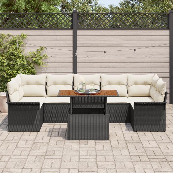 VidaXL Ensemble de Canapé de Jardin 8 Pièces avec Coussins Noir Poly Rotin Acacia 3349298