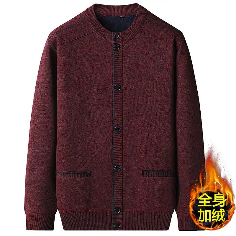 Herren Strickjacke Wollpullover Herbst und Winter Samt Dick Gestrickte Jacke Rundhals Warmes Oberteil
