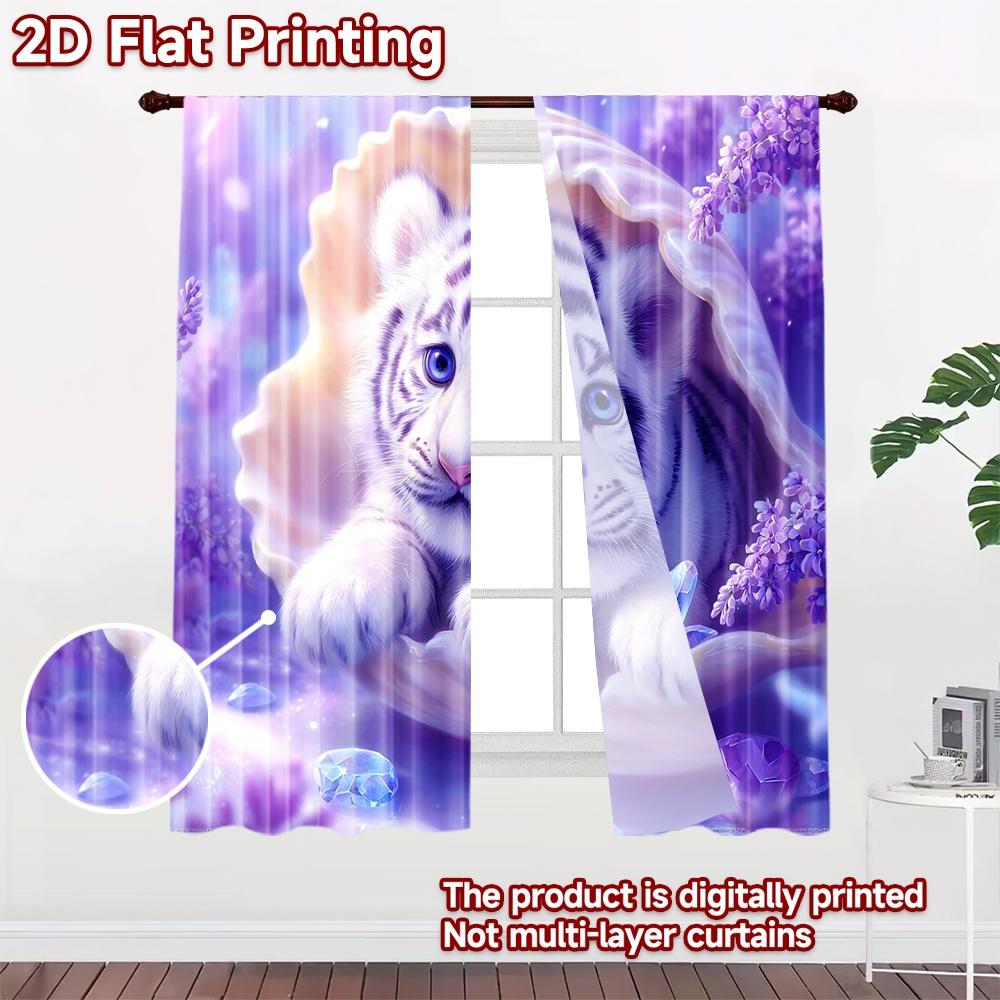 2D flat printing 2pcs Curtains Cute white tiger kitten shell crystals Digital Printed Polyester Drapes Family Party Use for