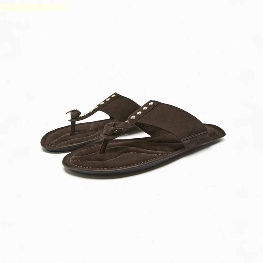 2025 Spring Summer New British Style Flip Flops Women Rivet Casual Flat Half-Slip French Sandals Slip On Flats Slides