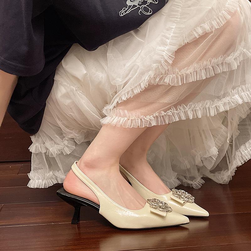 Women's Pointy Shallow Mouth Crystal Flower Butterfly Knot Set Foot Non-slip Heel Shoes Overhead Sandals