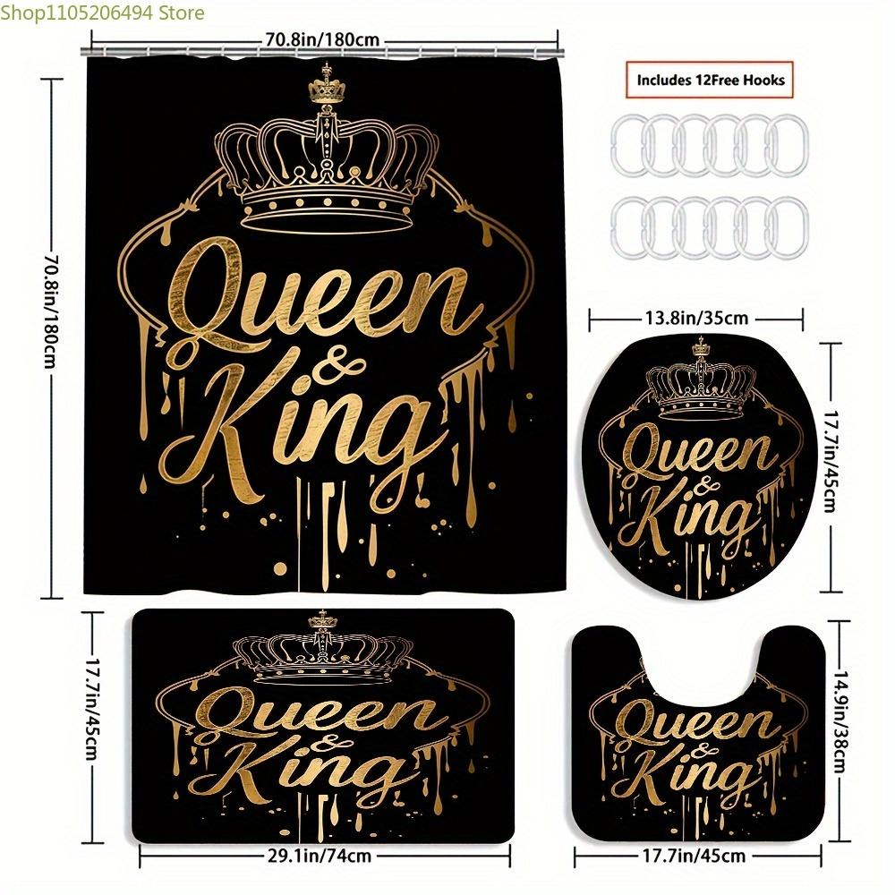 1/4 Stück Goldene Krone Druck Duschvorhang Set, Dekorative Badezimmergarnitur Enthält Duschvorhang, Rutschfeste Bodenmatte, Toilettensitz