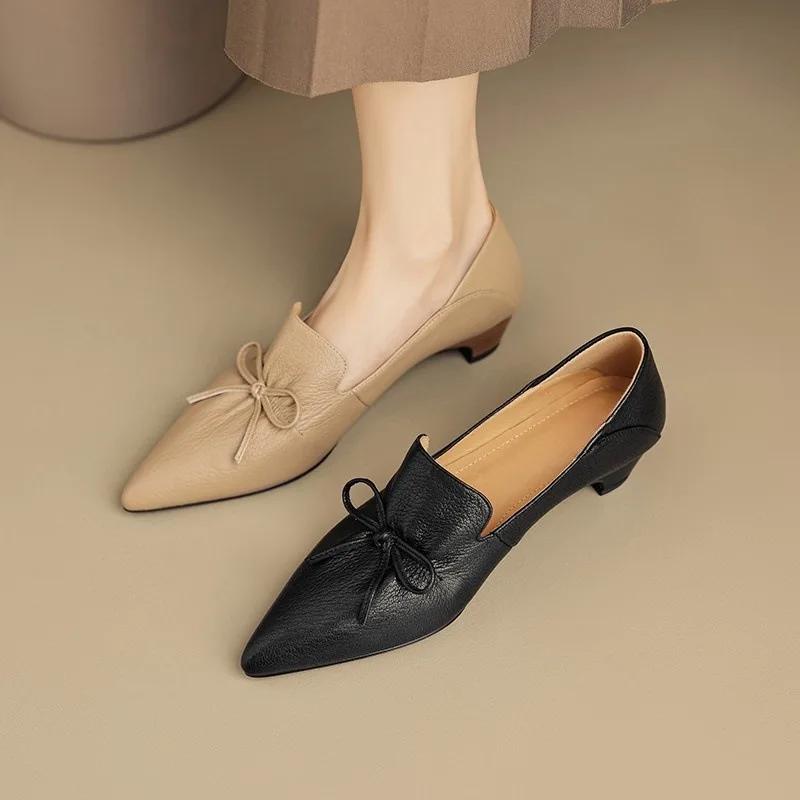 Fashion luxury Designer office lady elegant black Women's pointed Toe Bow mid Heels Shoes new leather retro pumps Women Mary Jane Shoes