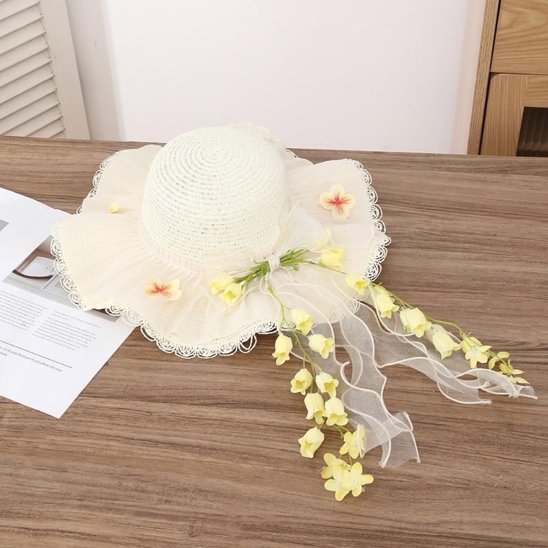 Summer Bow Sun Hat Female, Seaside Beach Vacation Sun Hat Outdoor Big Brim Sun Hat Sweet Straw Hat