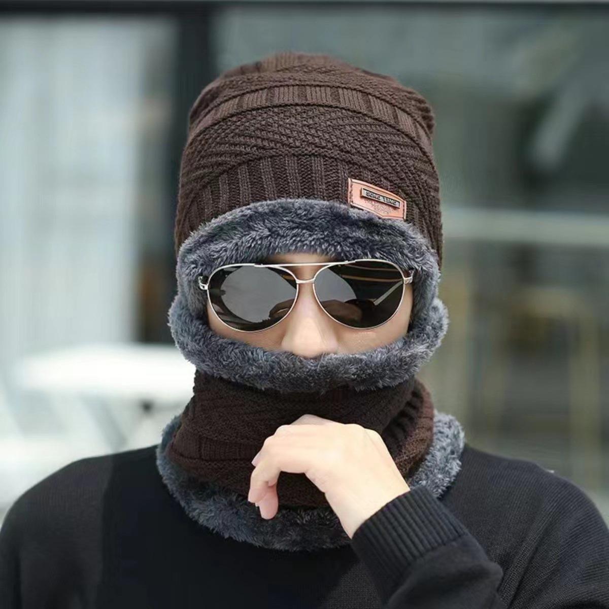 

Тепла шапка, В язана шапка, Плюшева шапка, Товста шапка, Шапка для вулиці, Шапка для їзди на велосипеді, Шапка-пуловер, Шапка з захистом вух, Тепла накидка на шию, Комплект з двох предметів темно-коричневого кольору