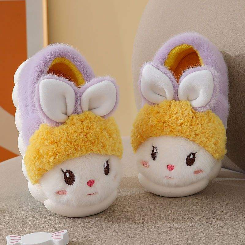 Girls cotton slippers autumn and winter children cute rabbit plush cotton mop boy baby winter indoor thickened bag heel cotton shoes