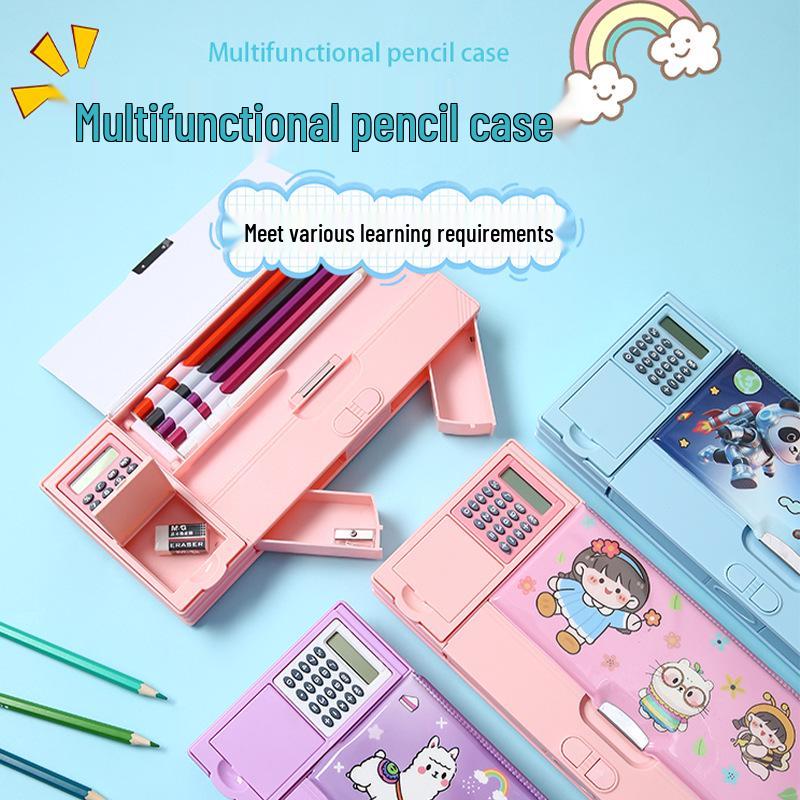 Multifunctional Calculator Pencil Case: Large Capacity Plastic Stationery Box for Primary School Students