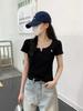 Summer new Korean version bm slim-fit half-open V-neck versatile embroidered design sense pure cotton short-sleeved T-shirt top women