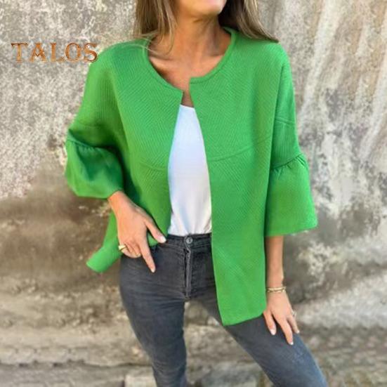 Winterjacke für Damen, Rundhalsausschnitt, dickes Fleece, offene Maschen, Strickjacke, Dreiviertel-Hornärmel, warmer, wärmespeichernder Outdoor-Mantel