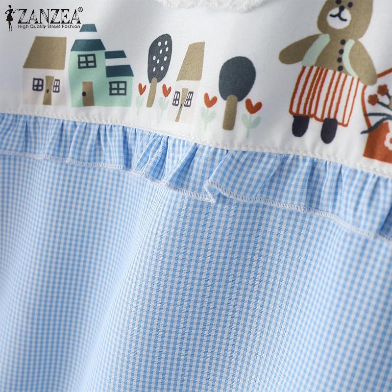 ZANZEA Womens Casual Doll Collar Long Sleeve Loose Patchwork Blouse