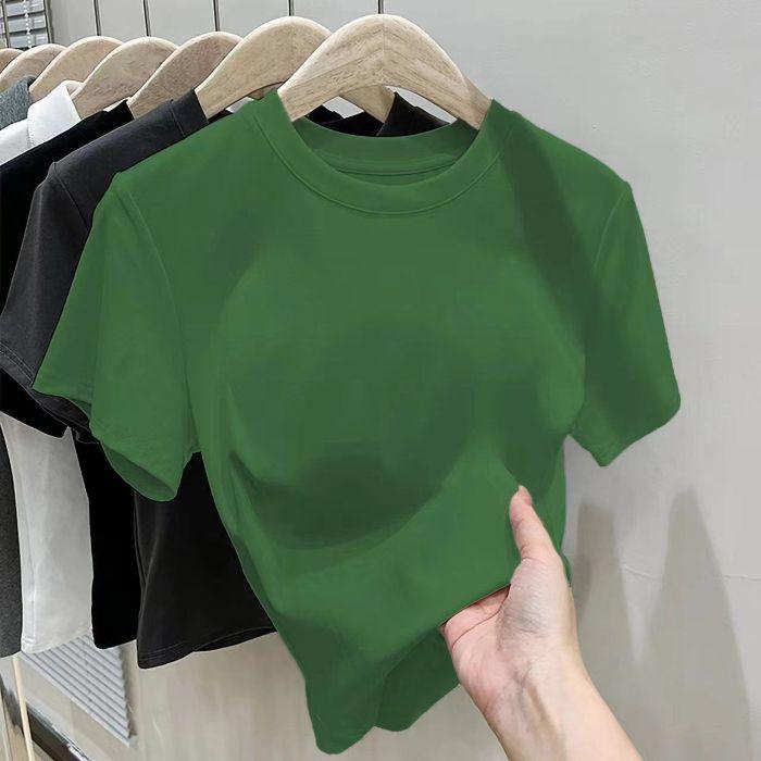 American Summer T-shirt Women's Shoulder Short Sleeves Summer Thin Round Neck Short Cotton Slim Fit Sweet and Spicy Tight Top