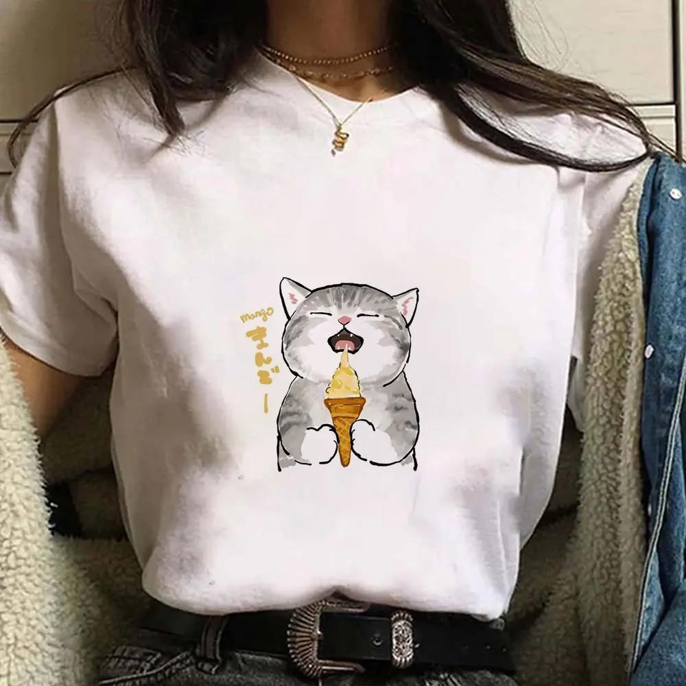 Cute Cat Print Short Sleeves Women's Tshirt Fashion Streetwear Y2k Clothing Sportwear Harajuku Pullover Tops Tees Summer Spring