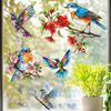 Frühling Sommer Baumzweig Vogel Fensteraufkleber, Buntglas-Stil Kolibri auf floralem Ast Kollisionsschutz Glasaufkleber für Zuhause Schule