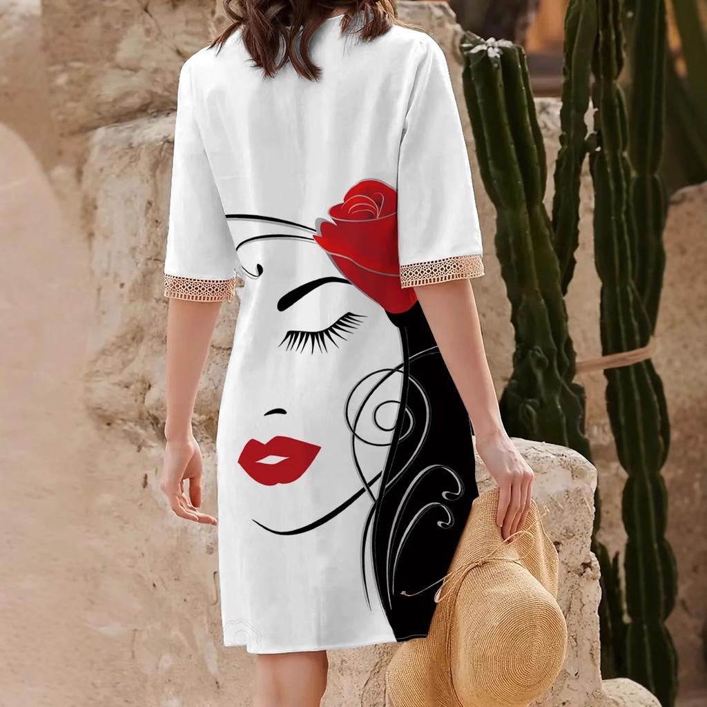 Damen Frühling/Sommer Printkleid Spitze V-Ausschnitt Loose Swing Kurzarm Mittellanges Kleid