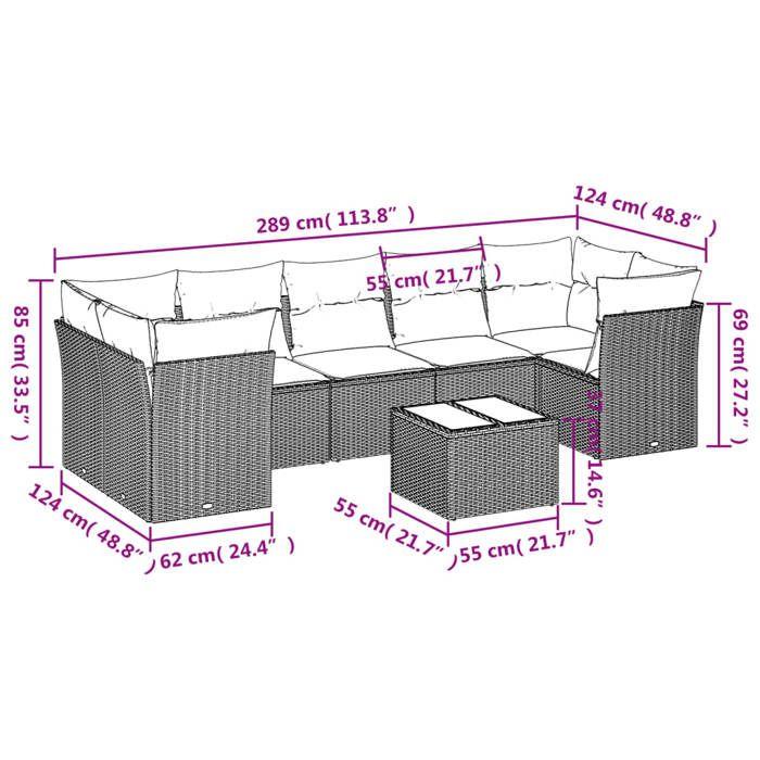 VidaXL Salon de Jardin avec Coussins 8 pcs, Canapés avec Pieds Réglables, Ensemble de Meubles d'Extérieur Patio Terrasse, 3249132