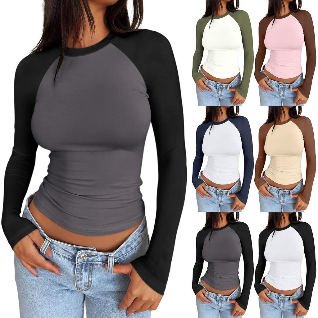 Women's Long Sleeve Shirts Slim Fit Stretchy Color Block Slightly Cropped Tops