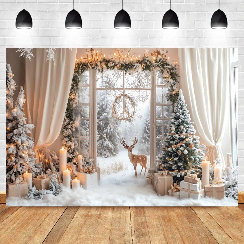 Christmas Elk Decoration 2025 Backgrounds For Photographs Window Curtains Christmas Tree Gift Box Family Party Portrait Backdrop