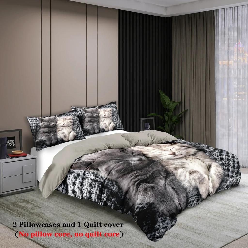 3-piece set of cute cat printed bedding, suitable for bedrooms and guest rooms (1* quilt cover + 2* pillowcase, coreless)