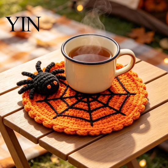 Heat Resistant Yarn Coaster Halloween Spider Web Coaster, Handmade Crochet Drink Mat for Crocheted Cup Pad Table, Spooky Gothic Table Mats Coffee And