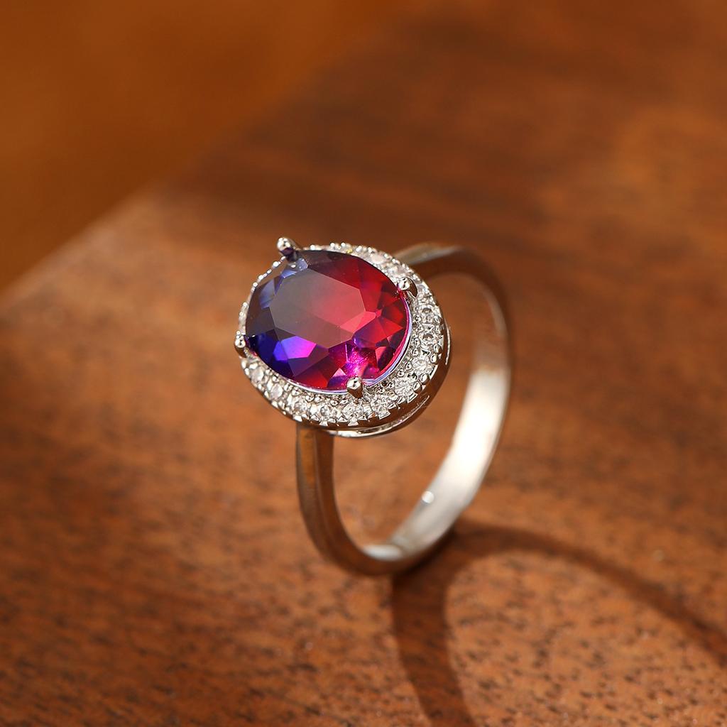 Oval Blue Red Gradient Tourmaline Stone Ring for Daily Wear Sterling Silver Design Created Change Stone Wedding Ring