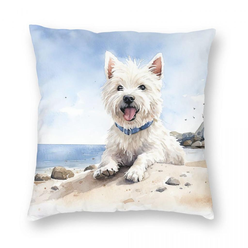 Westie At The Beach Square Pillowcase Polyester Linen Velvet Printed Zip Decorative Pillow Case Bed Cushion Case