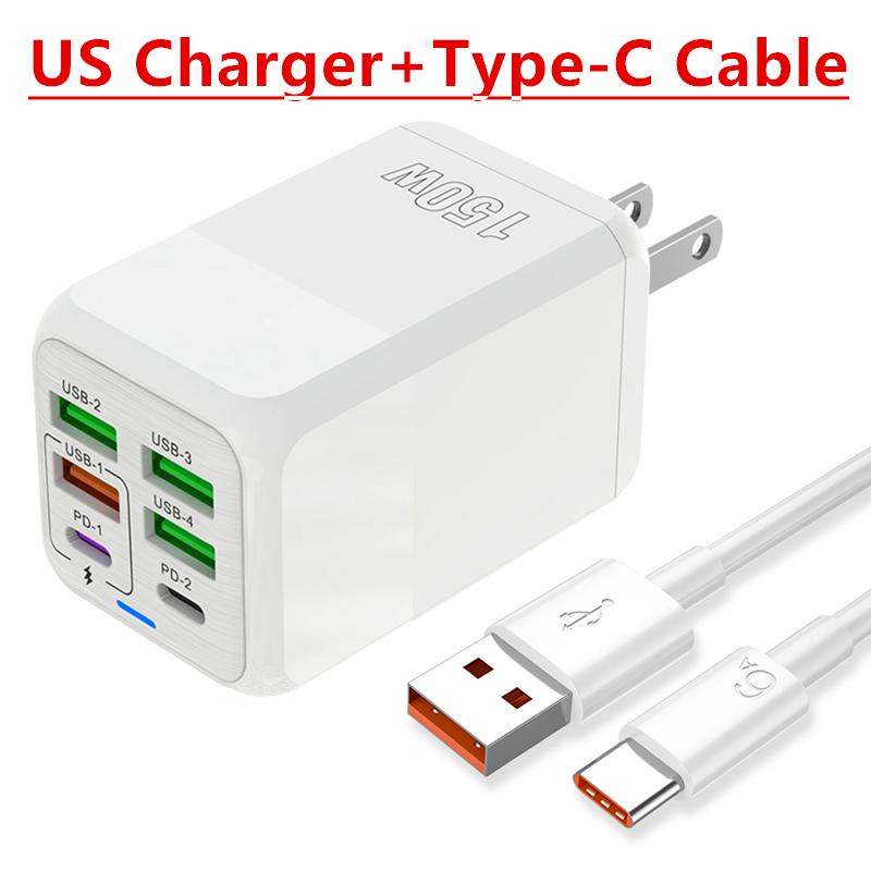 150W 6 Ports Pd QC 4.0 Usb C Fast Charger Wall Adapter Super Fast Charging For Iphone Samsung Ipad Xiaomi Oneplus Oppo
