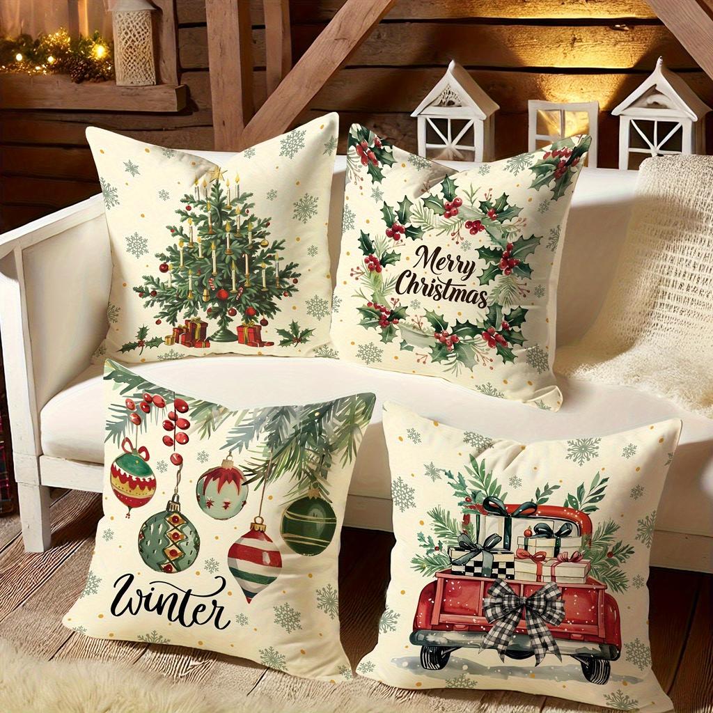 Festive Christmas Pillowcases: Tree, Wreath, Ornaments, and Vintage Truck Designs Sofa Cushion Cover New Year Home Decoration