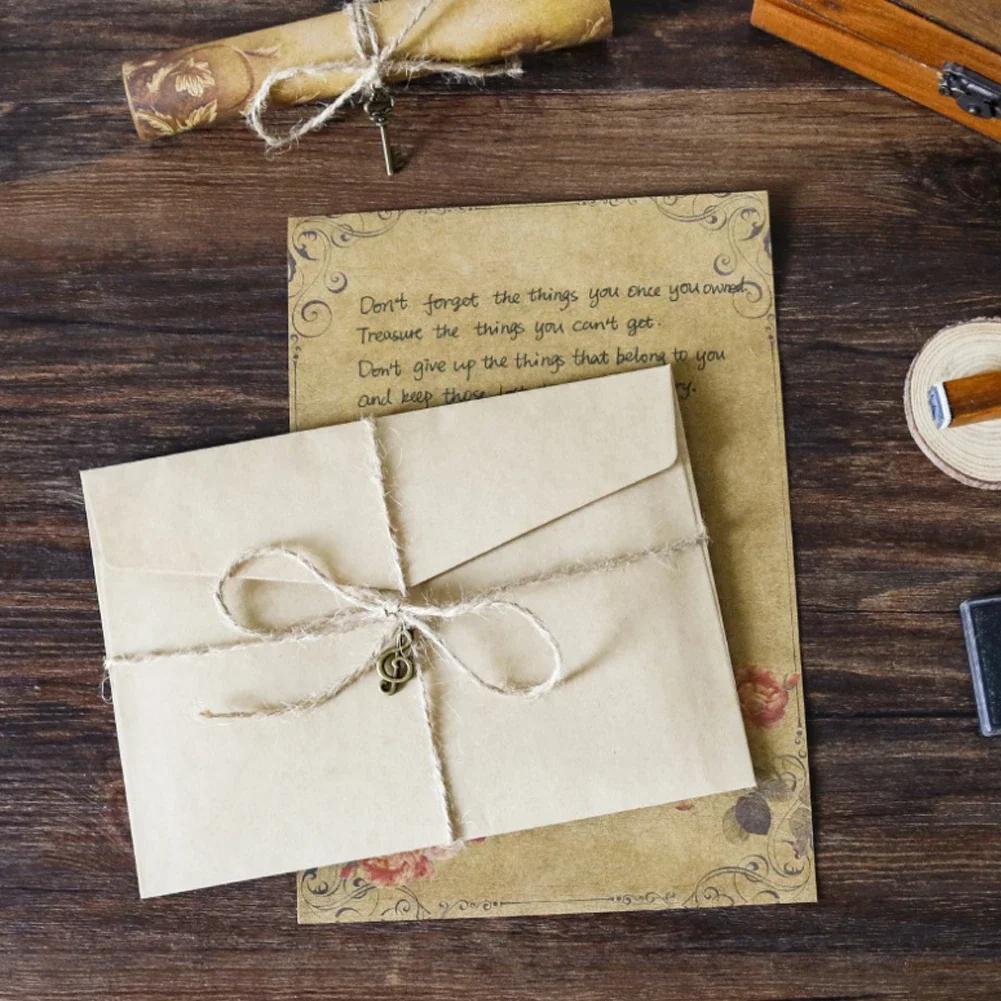Europe Style Kraft Envelope Letter Paper With Rope Vintage Letter Message Pad Wedding Letter School Stationery Writing Supplies