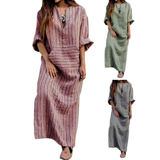 Women's 3/4 Sleeve Striped Maxi Dress Casual Loose Fit Sundress with Front Pocket Summer Beach Vacation Outfits