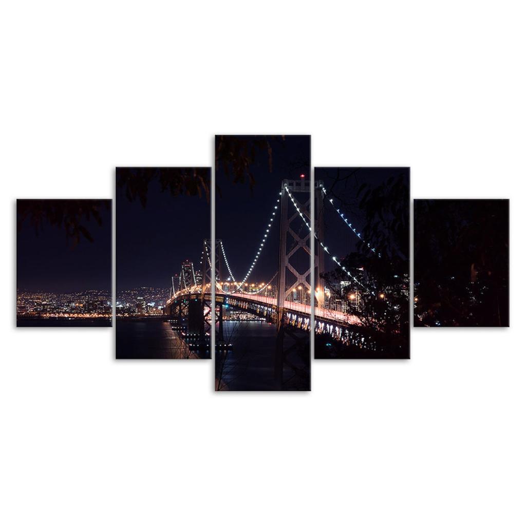San Francisco Oakland Bay Bridge Night View 5 Piece Five Panel Wall Canvas Print Modern Art Poster Picture Home Decor Gift For Him For Her